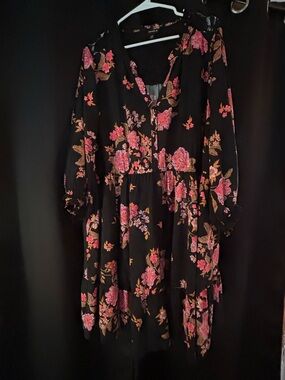 torrid Black Midi Dress with Pink & Gold Floral Embroidery